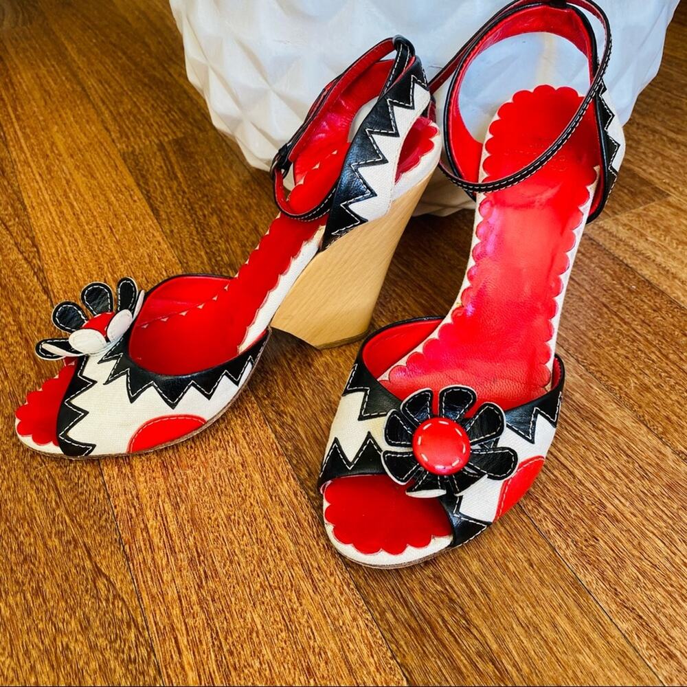 MOSCHINO Wedge Linen Leather Heels US 8 EU38